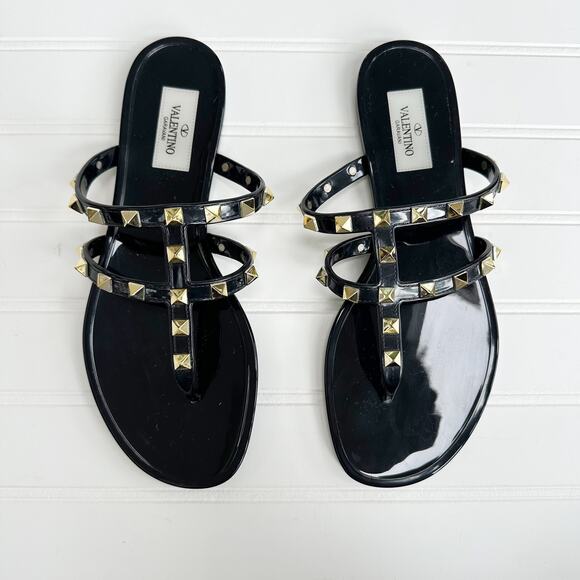 Valentino Rockstud Black Jelly Sandal T Strap Thong Slide Shiny Slide PVC 37 - Picture 7 of 7